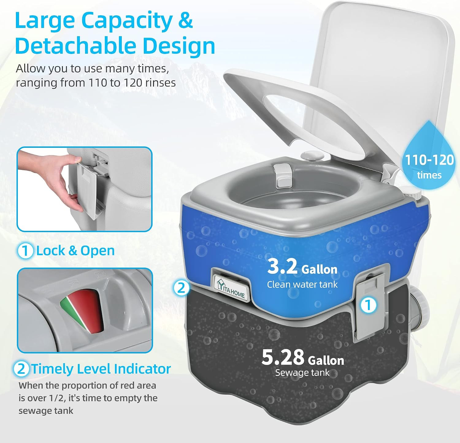 Portable Toilet Camping Porta Potty with Carry Bag and Hand Sprayer, 5.28 Gallon