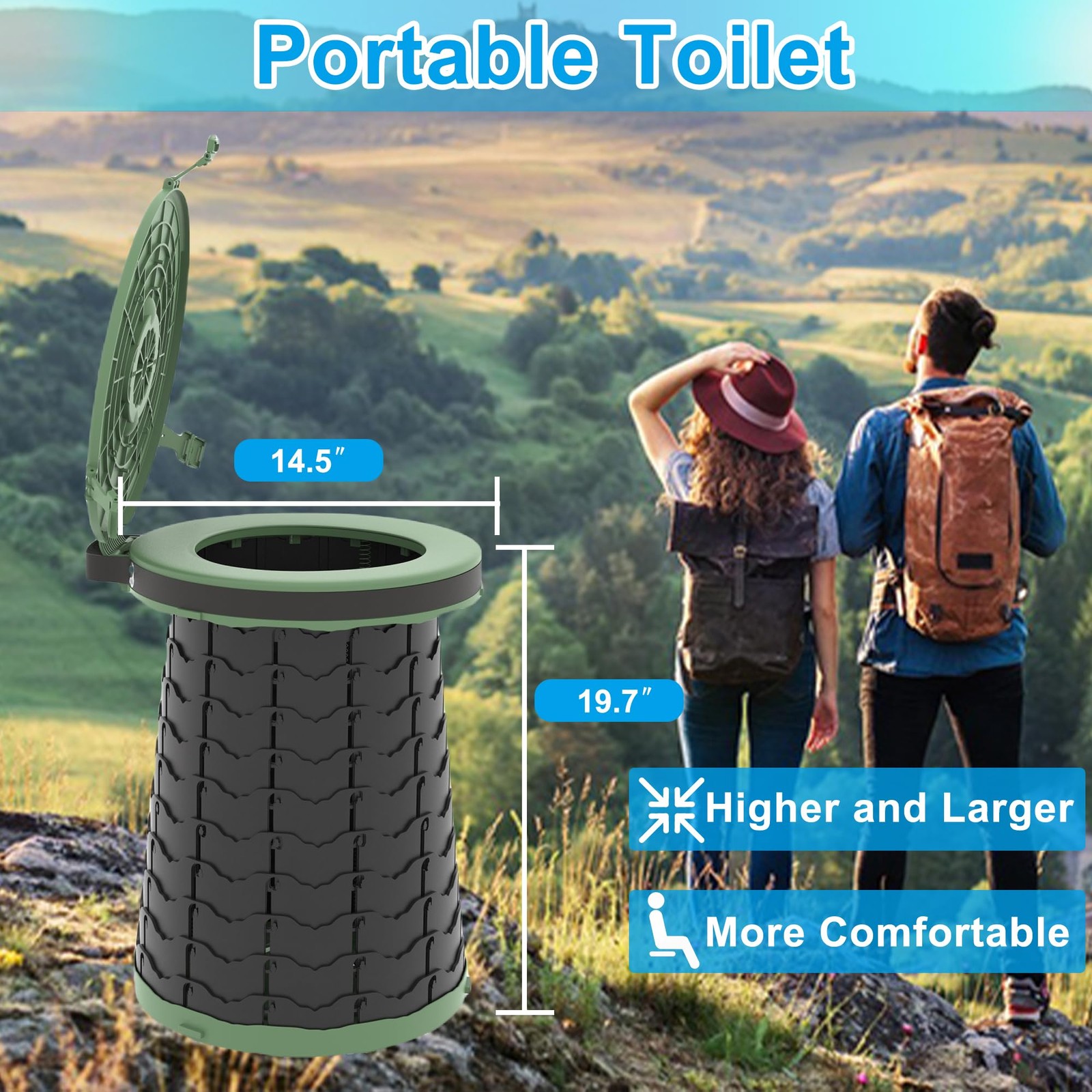 XXL Portable Toilet – 19.7″H Taller Wider Collapsible Adjustable Foldable Cam…
