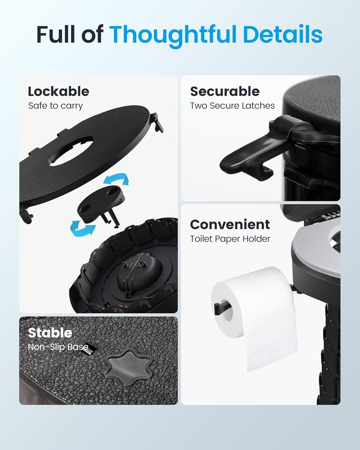 Comfortable Foldable Camping Toilet – Charcoal Black with User-Friendly Features