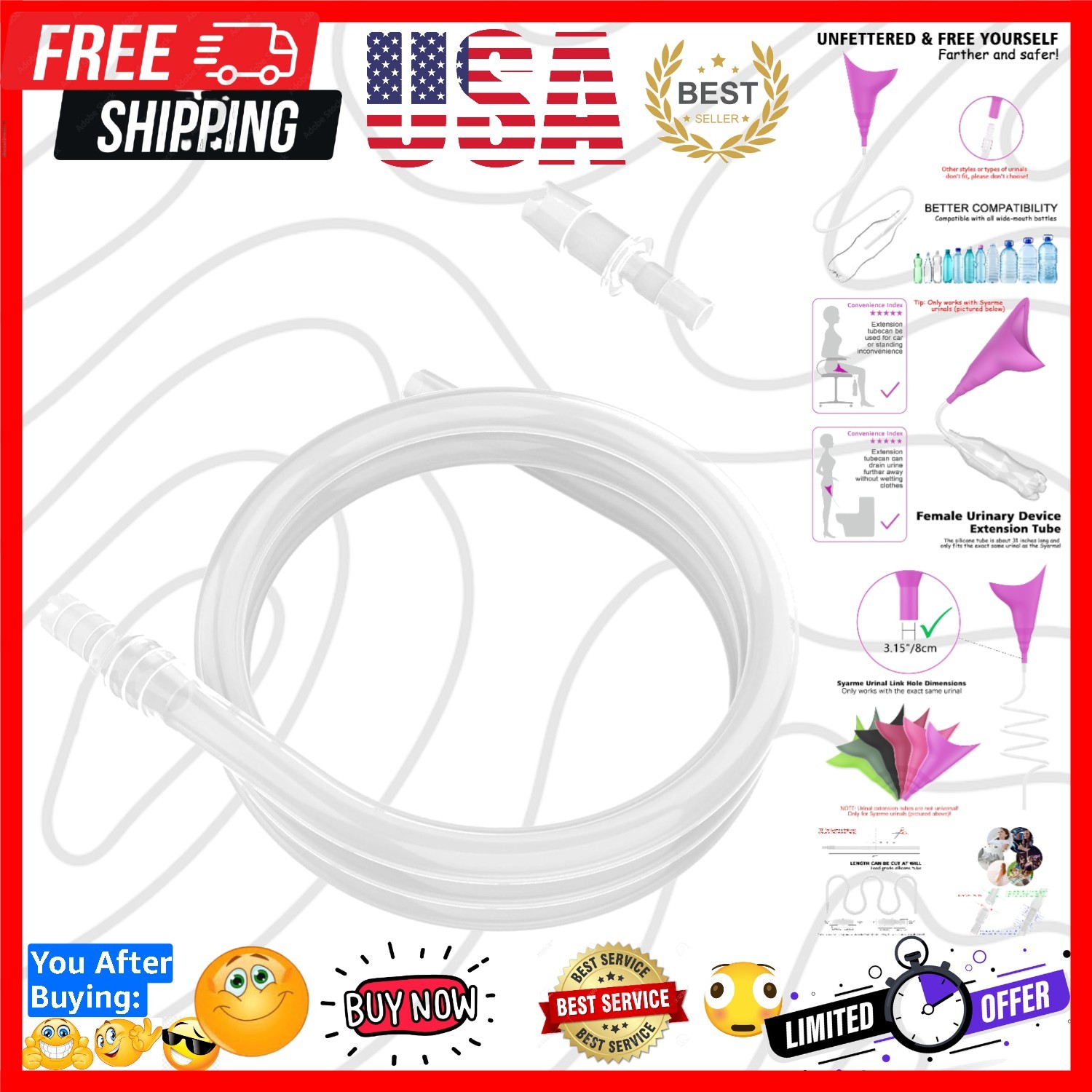 Female Urination Device Silicone Tube, Reusable Extension Tube, Used in Conju…
