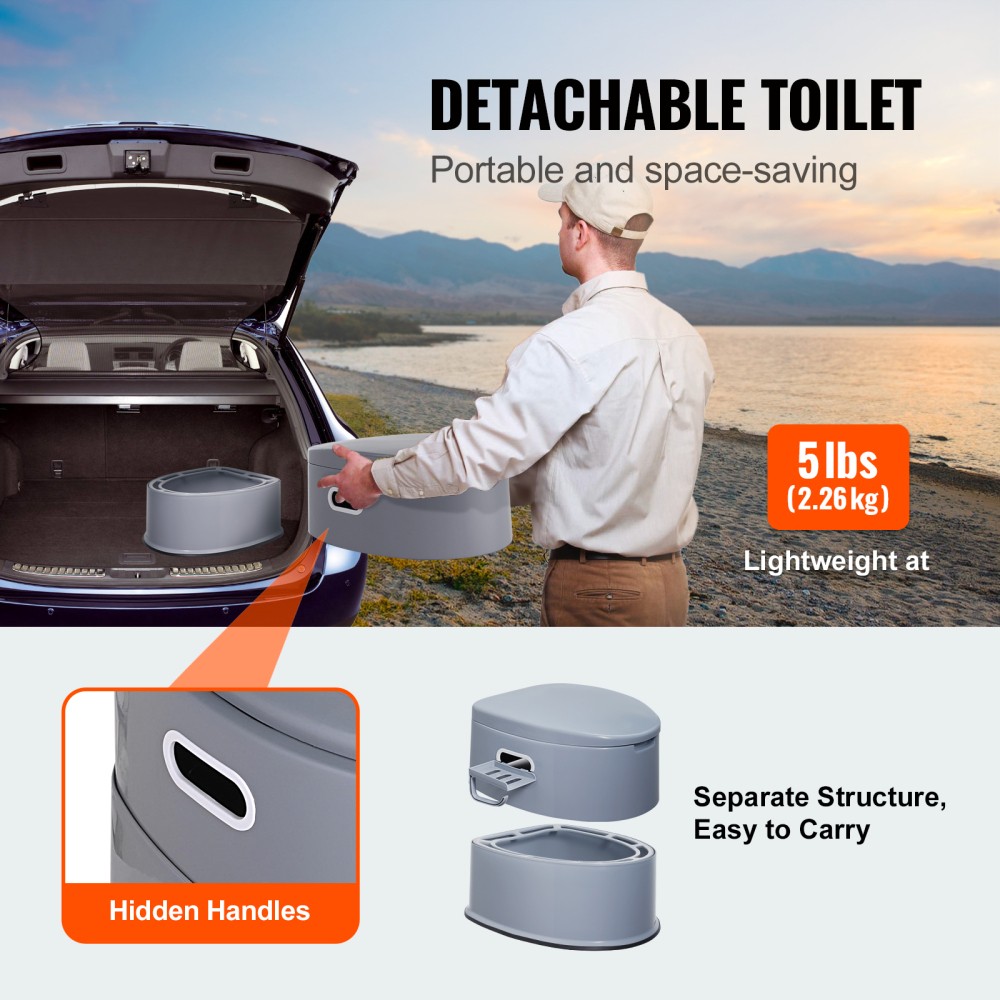 Portable Toilet for Camping Travel，5L Detachable Bucket w/Phone & Paper Holder