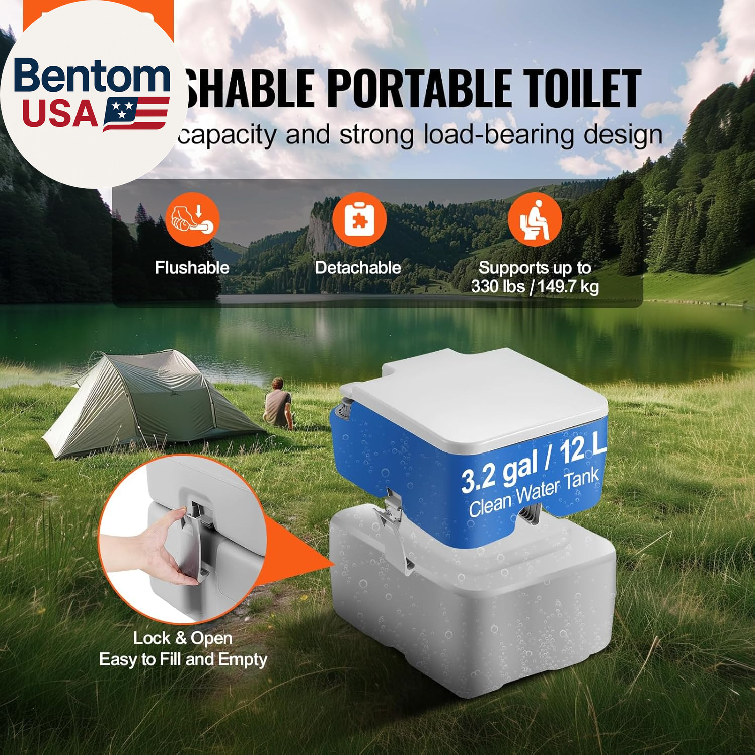 Portable Toilet for Camping, RV Toilet with Carry Bag, 5.3 Gal Waste Tank & 3.2