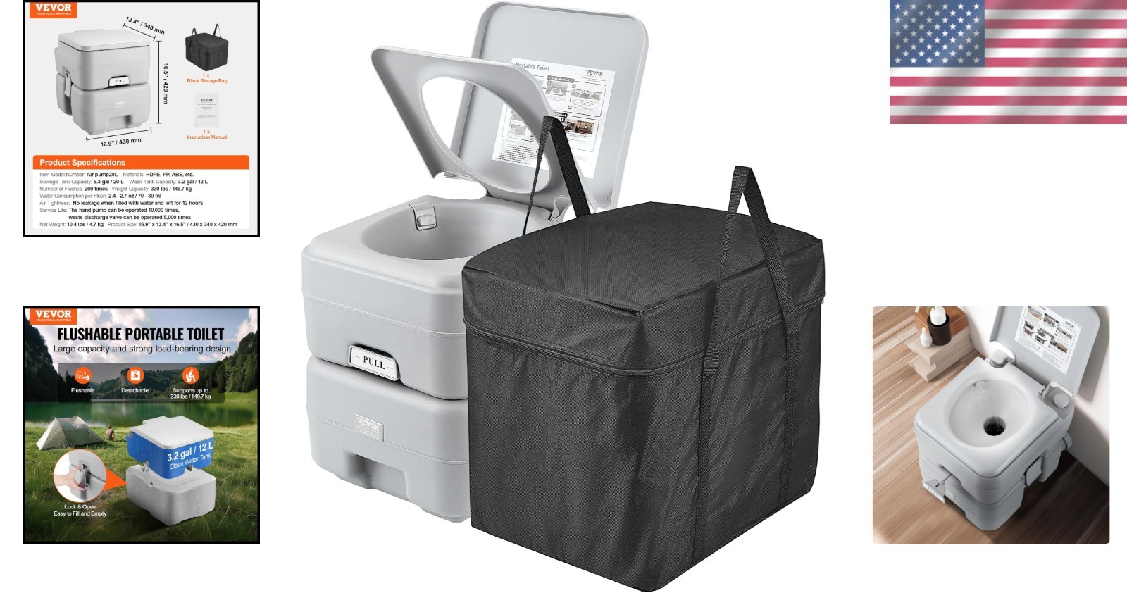 Lightweight RV Toilet with Pressurized Flush, Leak-Proof Design – 5.3 Gal Tank