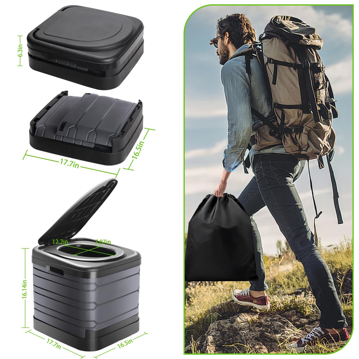 Sckee XXL Portable Toilet for Adults,16” Tall Camping Toilet with Lid and Ca…