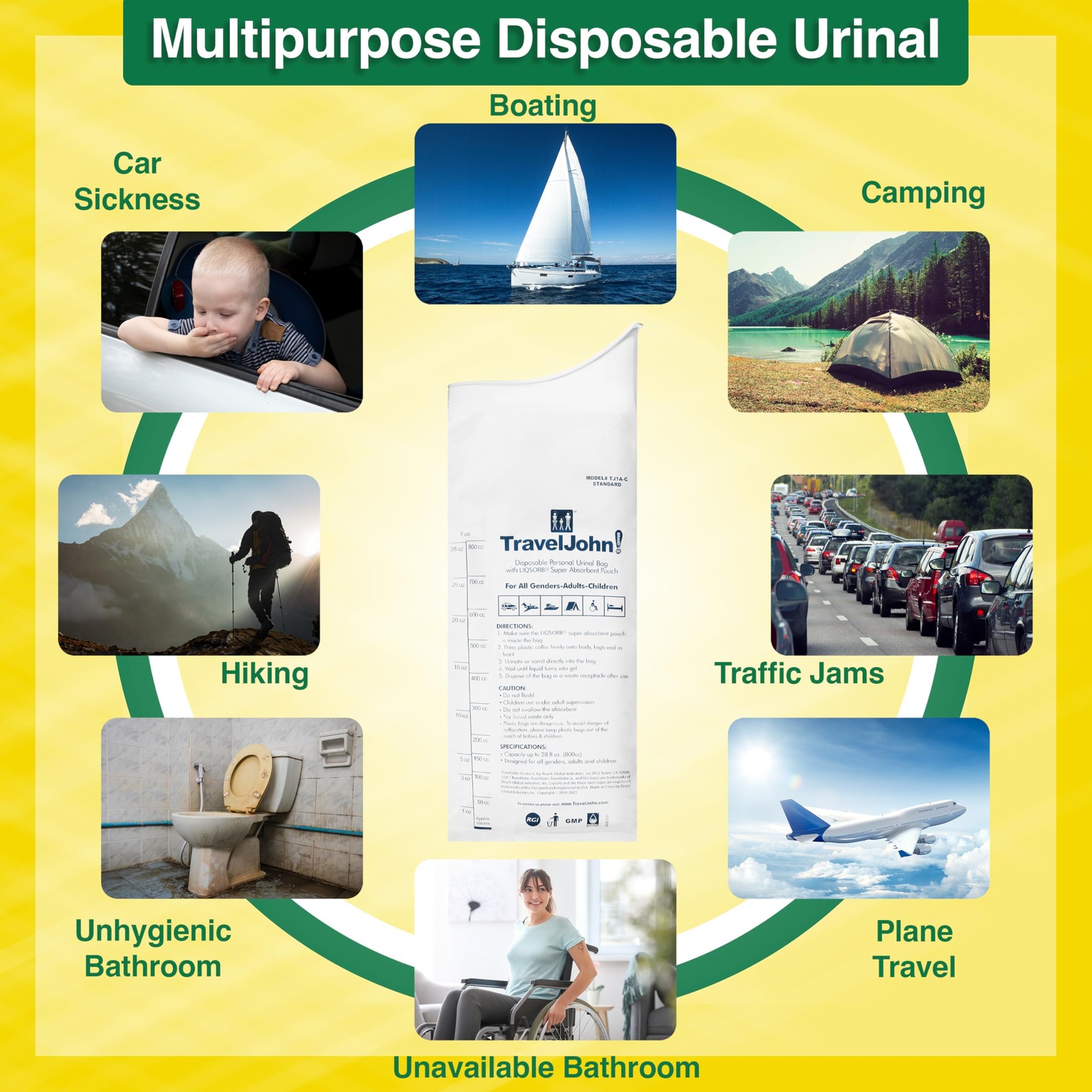 TravelJohn Disposable Urinal Bags 28oz (6 Pack) – 6 disposable bags, White