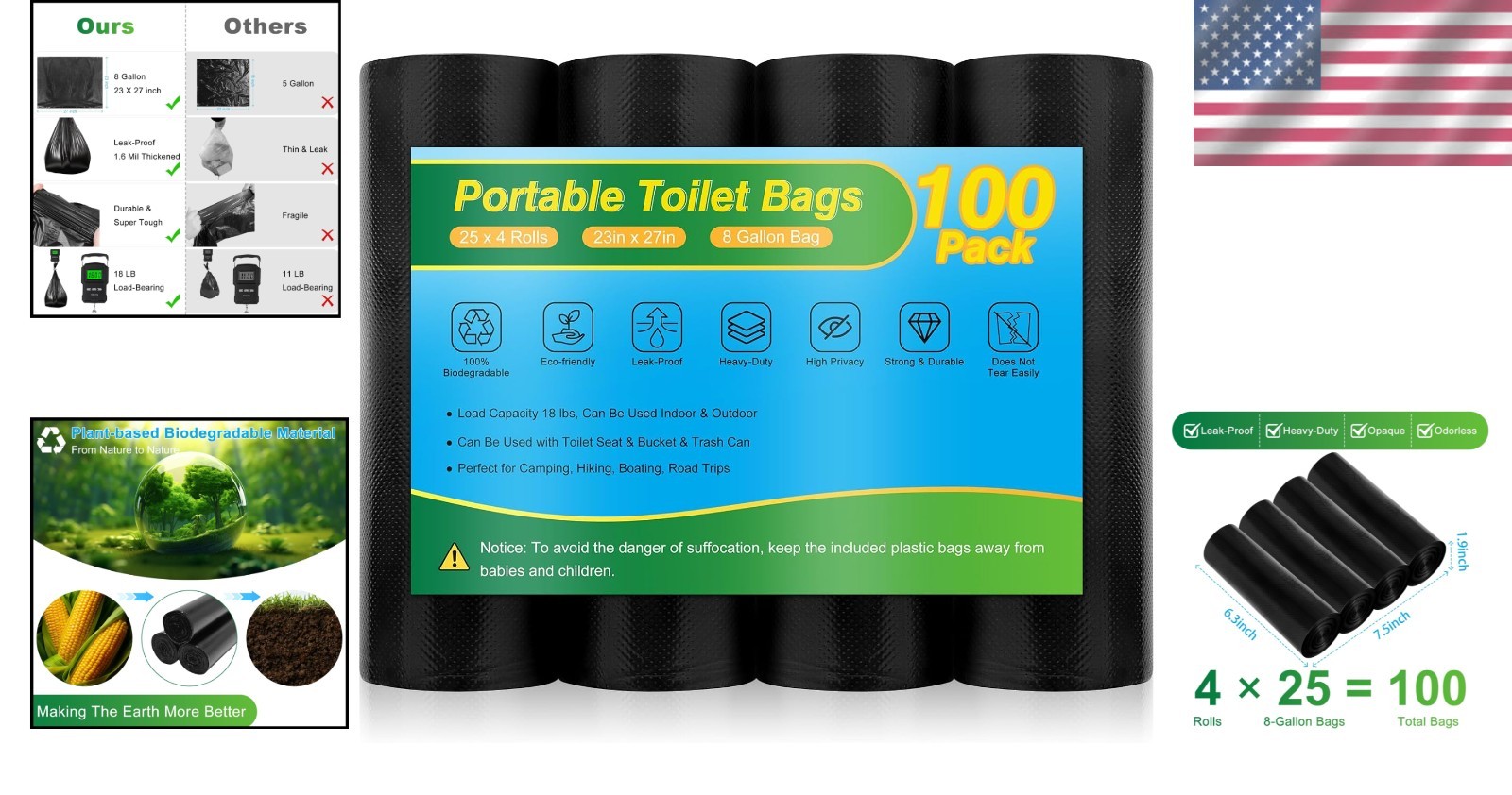 100 Biodegradable Portable Toilet Bags – 8 Gallon Capacity for Camping & Travel