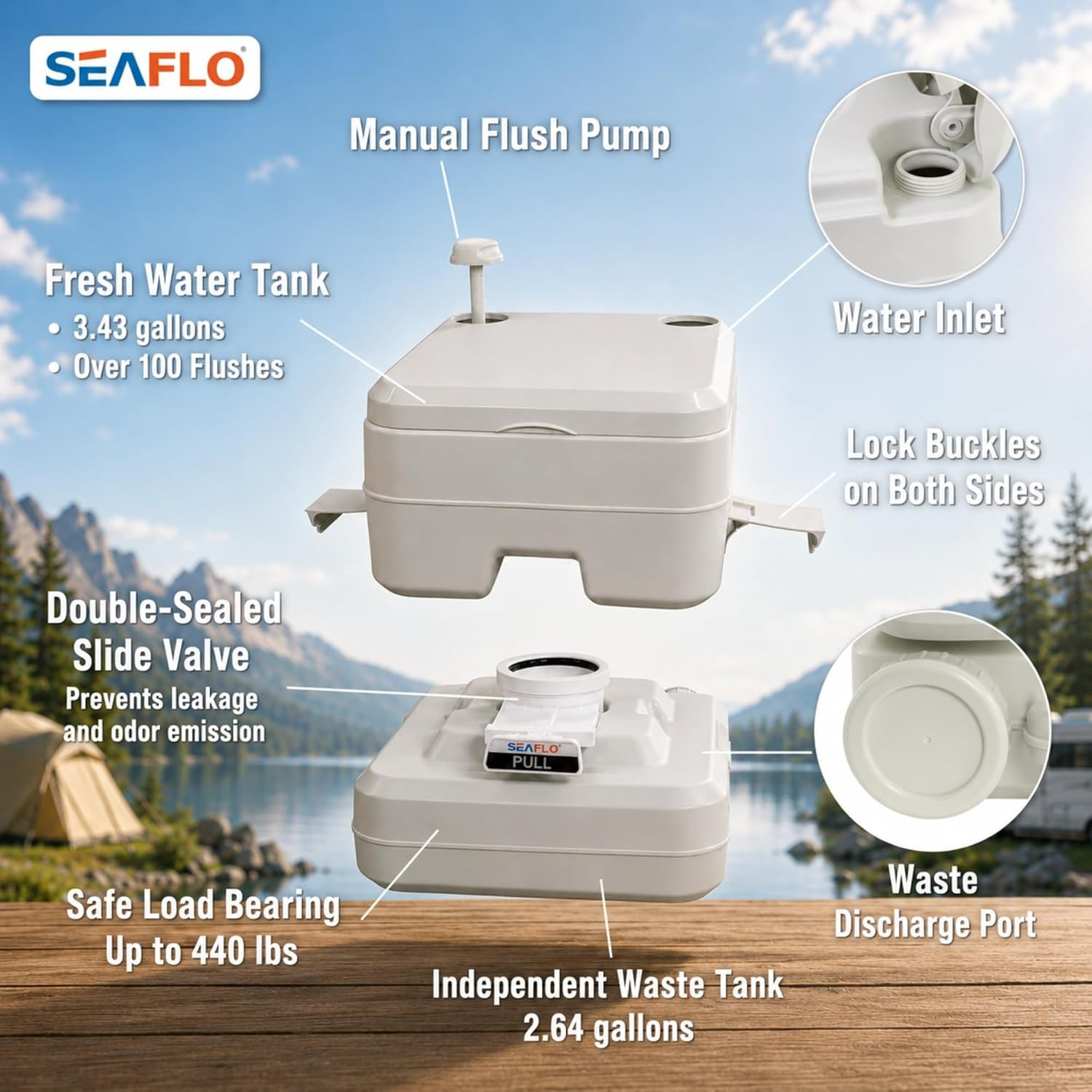 SEAFLO Premium Camping Portable Toilet – 5.8 Gallon Waste 3.43 Gall Fresh Tank (