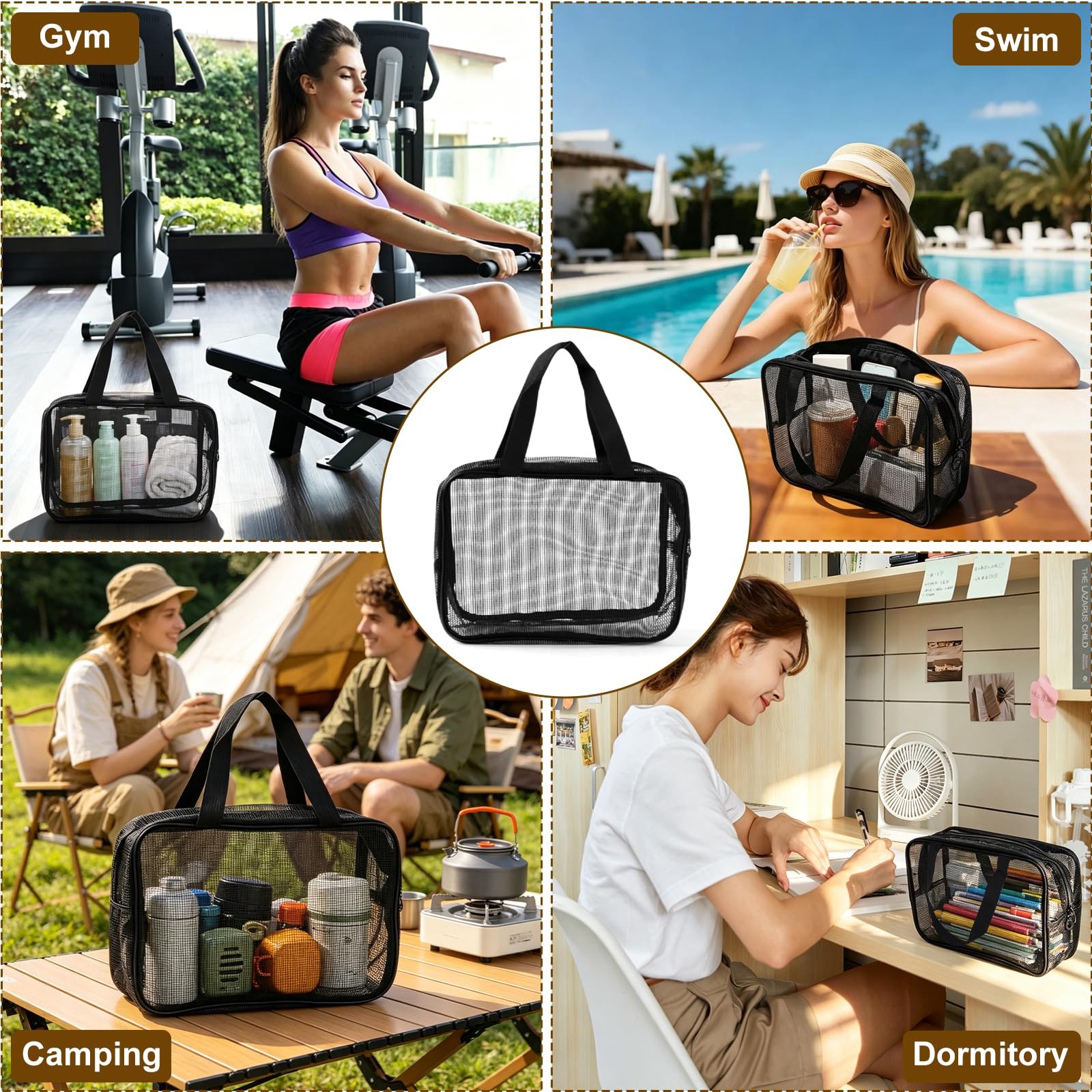 Qandora Mesh Shower Toiletry Caddy Bag Portable for Travel Gym Bathroom Black