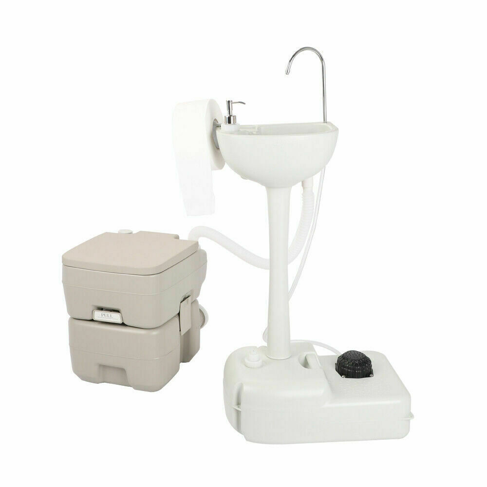Portable Outdoor Hand Sink w/ RV Camper Gravity Pedal Flush Toilet For Boat Camp