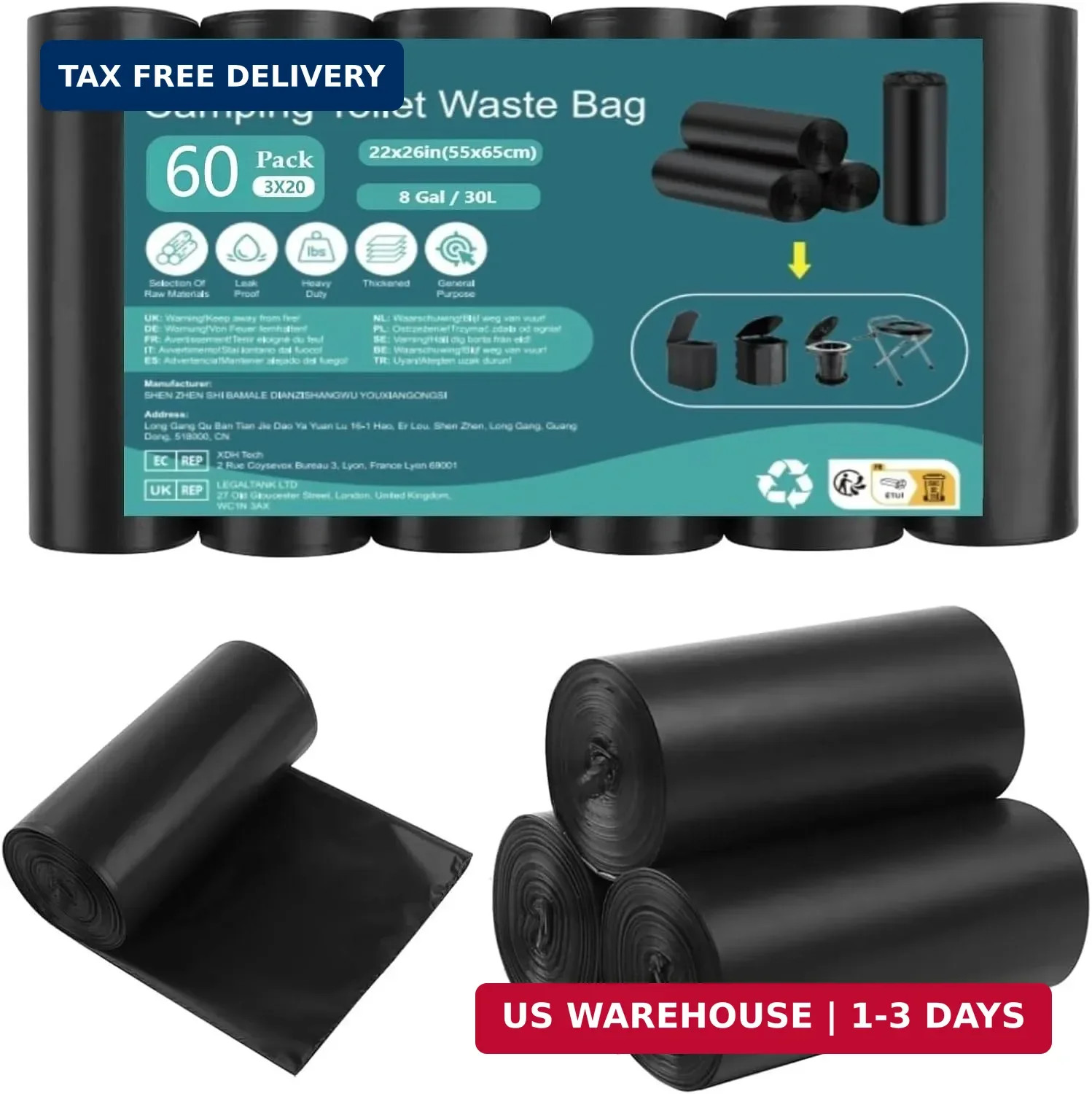 Flintronic Camping Toilet Bags, 60 PCS (3 Roll) Portable Toilet Bags, Thickened