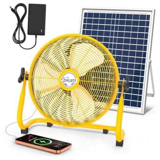 14″ Solar Powered Fan with 20W Solar Panel & Rechargeable Battery, 14″ Yellow