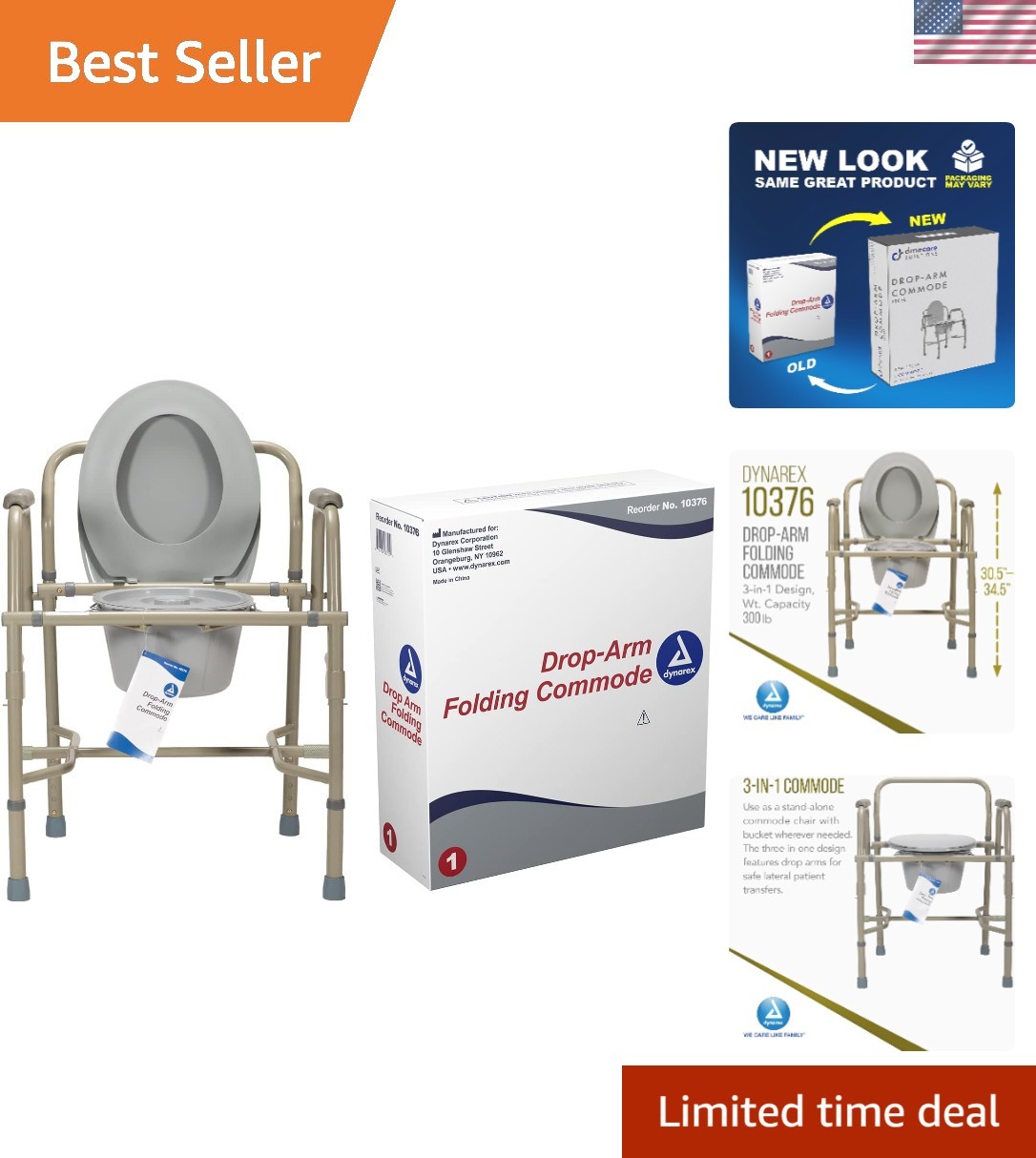 Heavy-Duty Drop-Arm Folding Commode – Adjustable, Portable Toilet for Safety