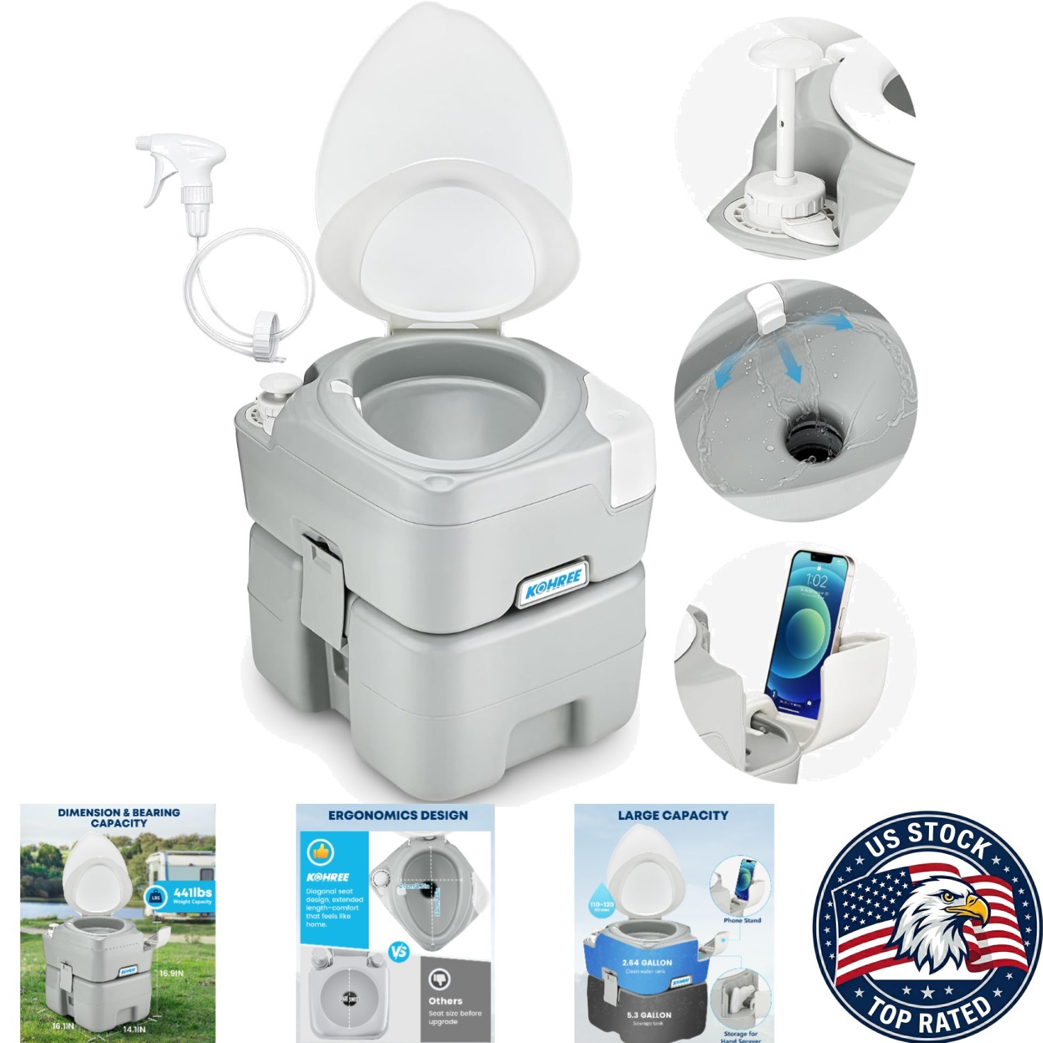 Compact Cassette Toilet 5.3 Gal with Diagonal Seat – Perfect for RVs & Camping