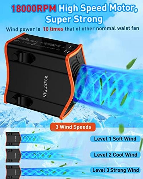 Upgraded Portable Waist Fan with Adjustable Belt,10 Times Strong Black orange