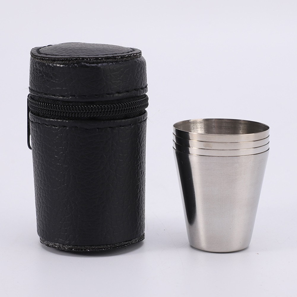 Stainless Steel Cup Set for Camping 30ml Pack of 4 with Leather Storage Case