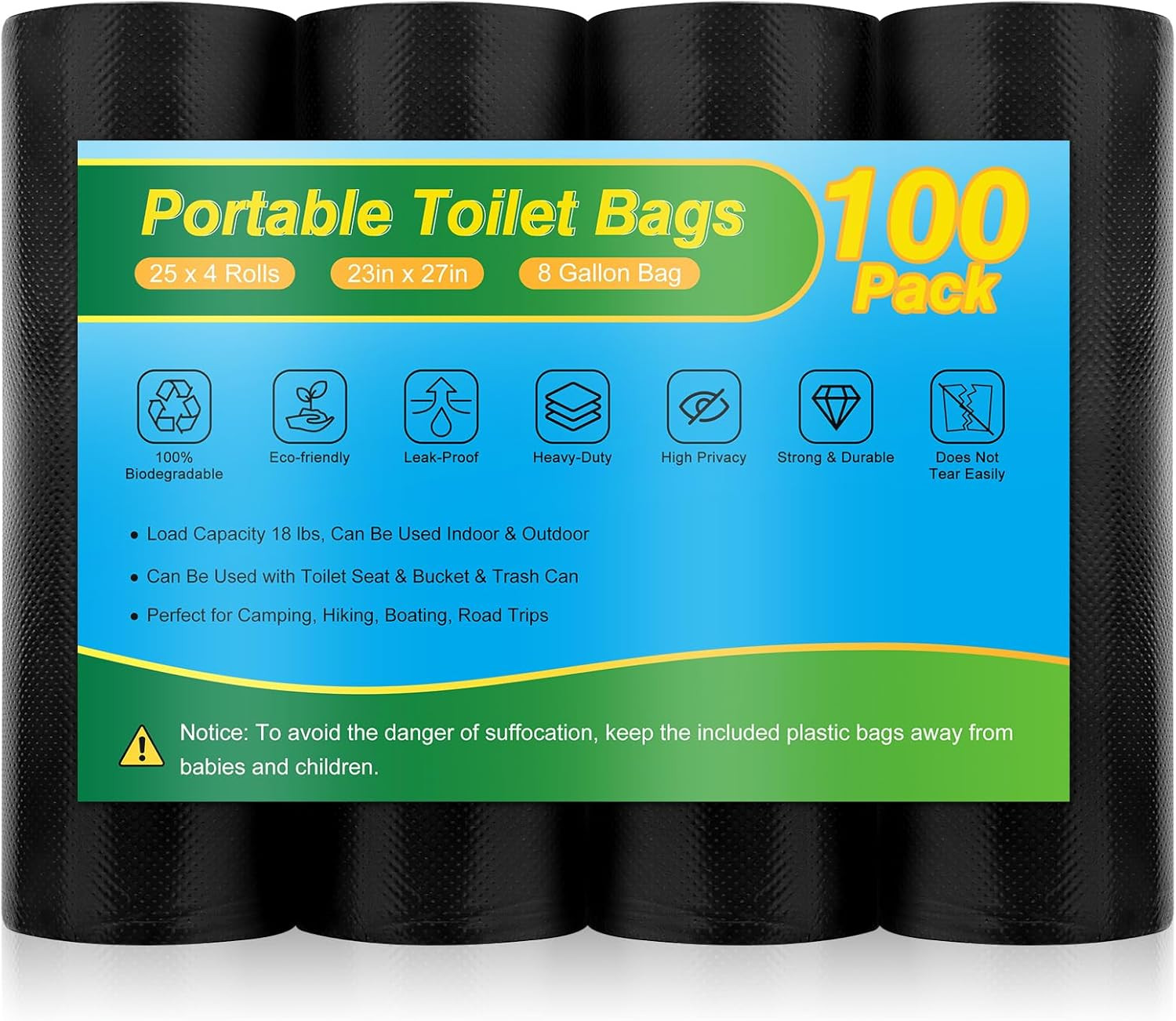 Portable Toilet Bags – 8 Gallon Camping Toilet Bags, Biodegradable Travel Potty