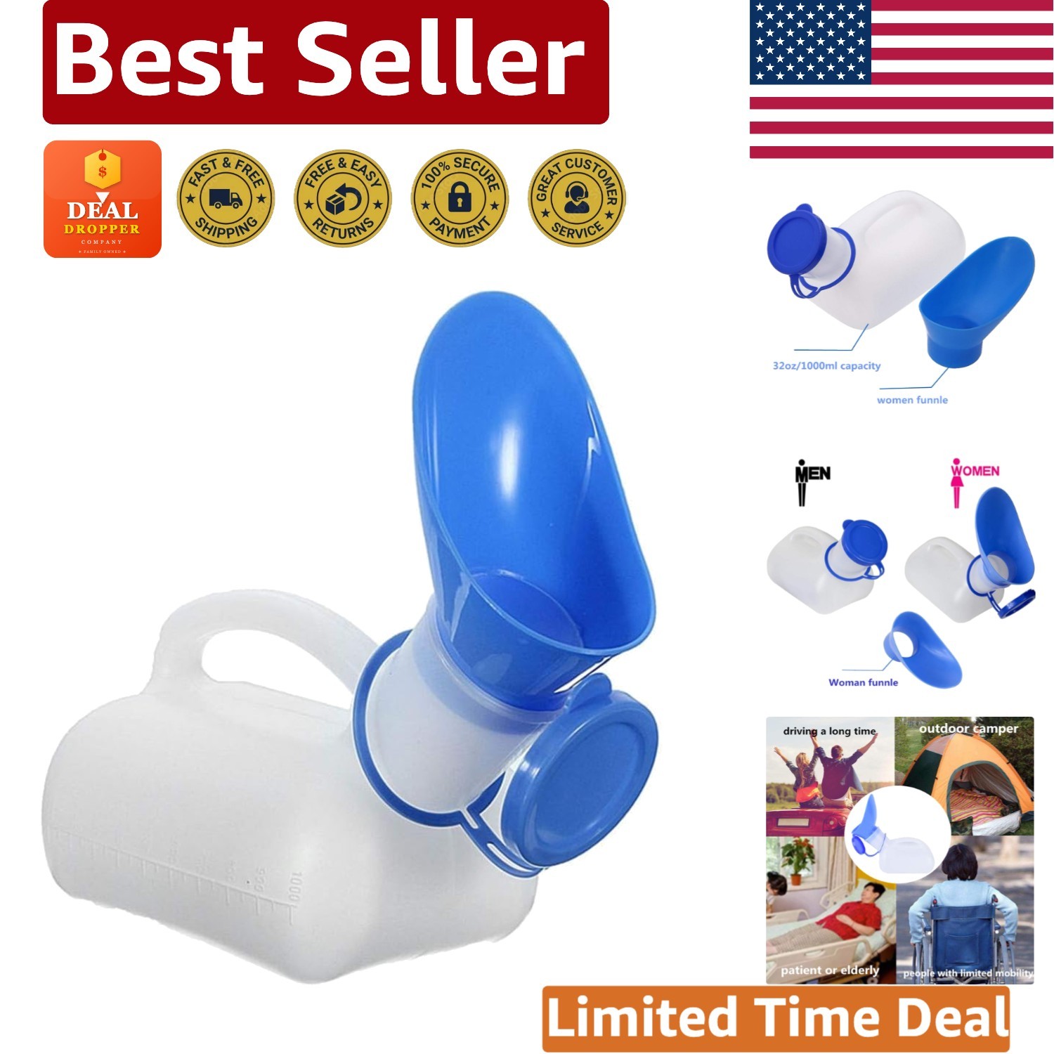 Travel-Friendly Urinal for Men & Women – Compact 32 oz with Splash-Free Lid