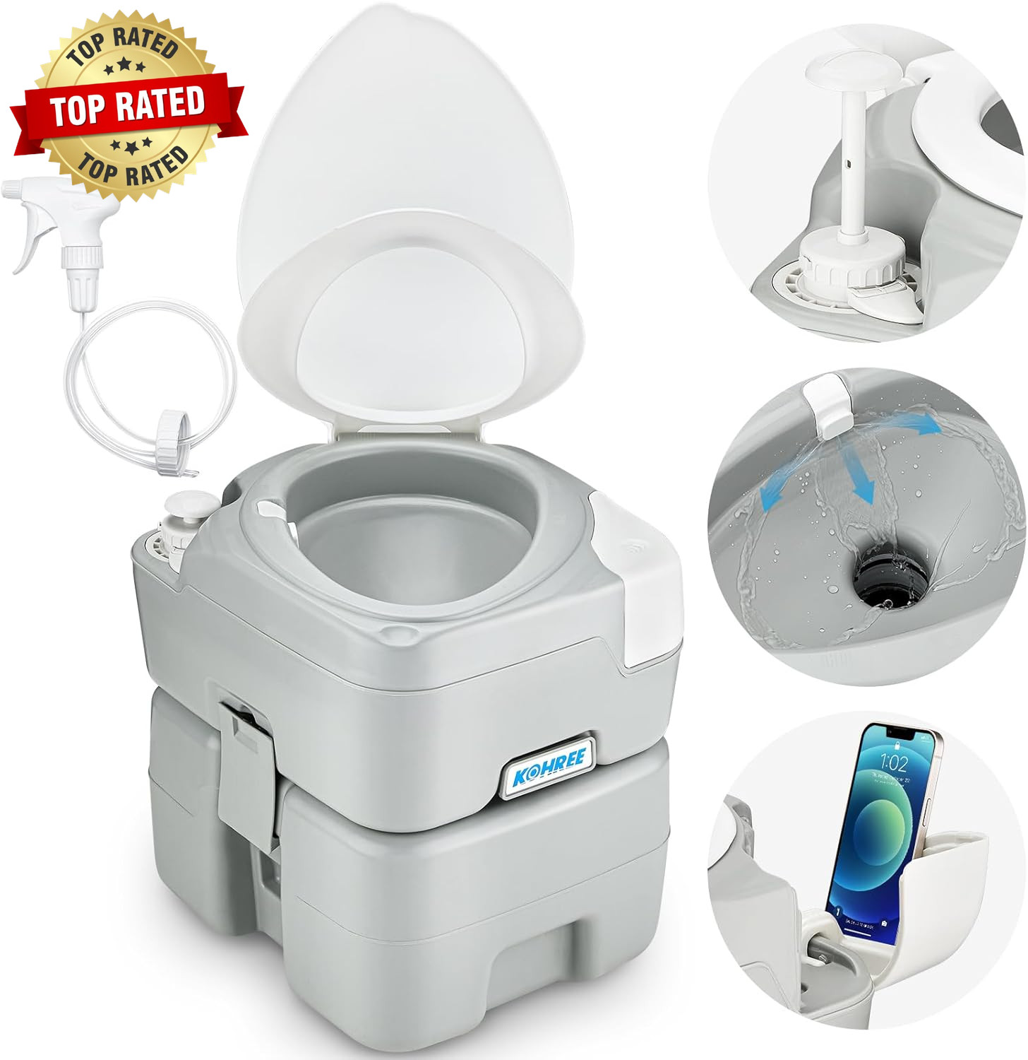 Camping Toilet Portable 5.3 Gal: 20L Porta Potty for Adults with Diagonal Elonga