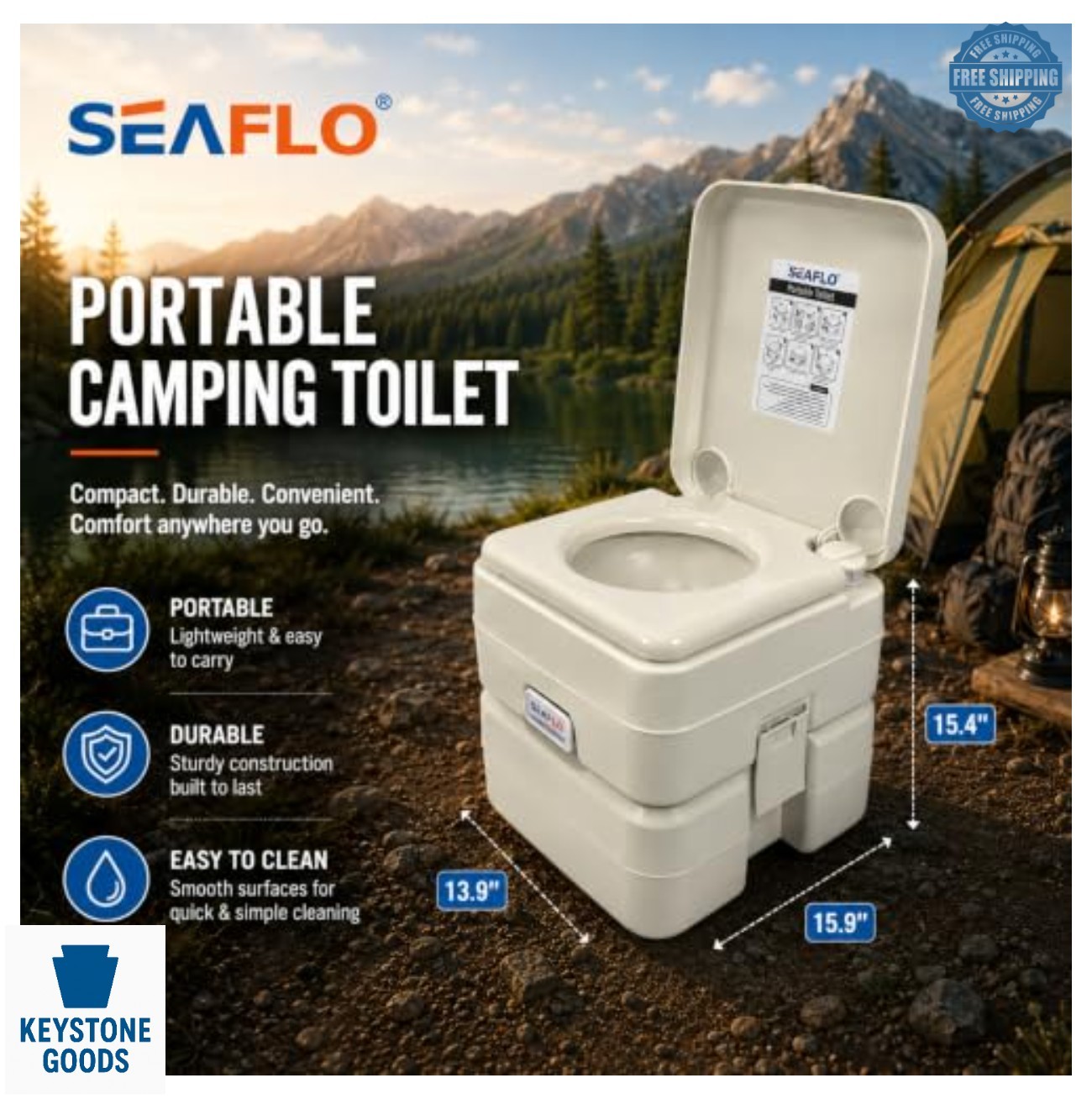 Portable Toilet 5.8 Gallon Waste Tank 3.4 Gal Fresh 440 lbs Weight ABS Plastic