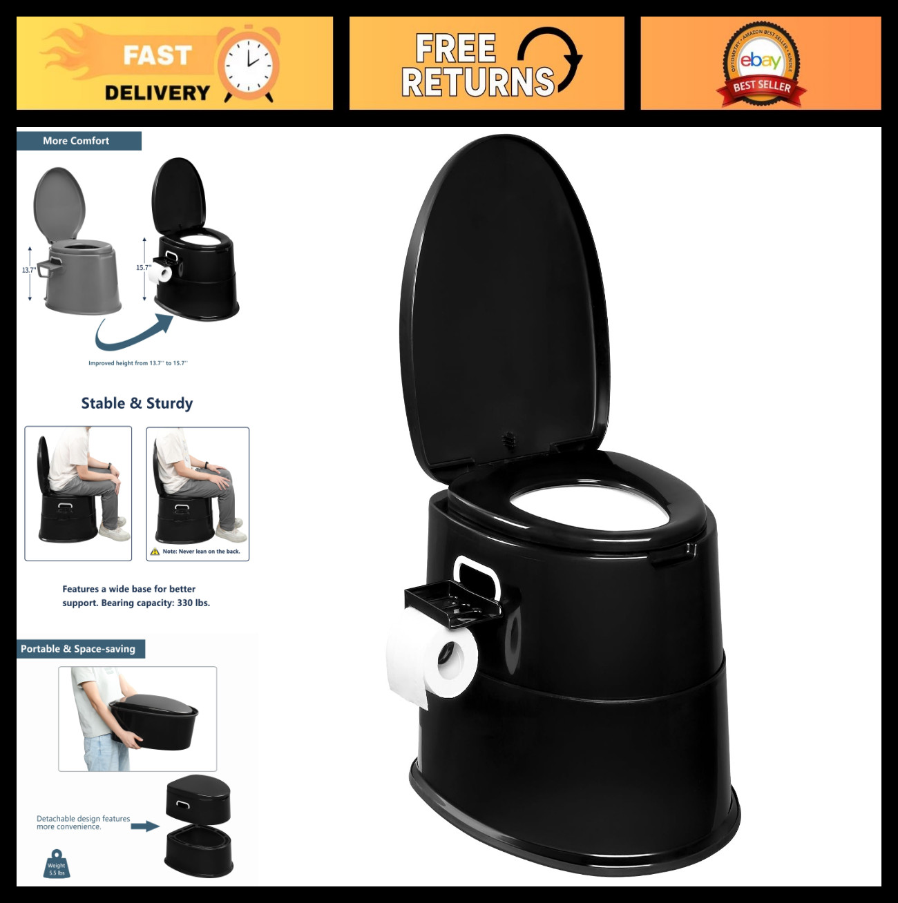 Portable Toilet for Camping, Outdoor Commode with Detachable Bucket & Paper Hold