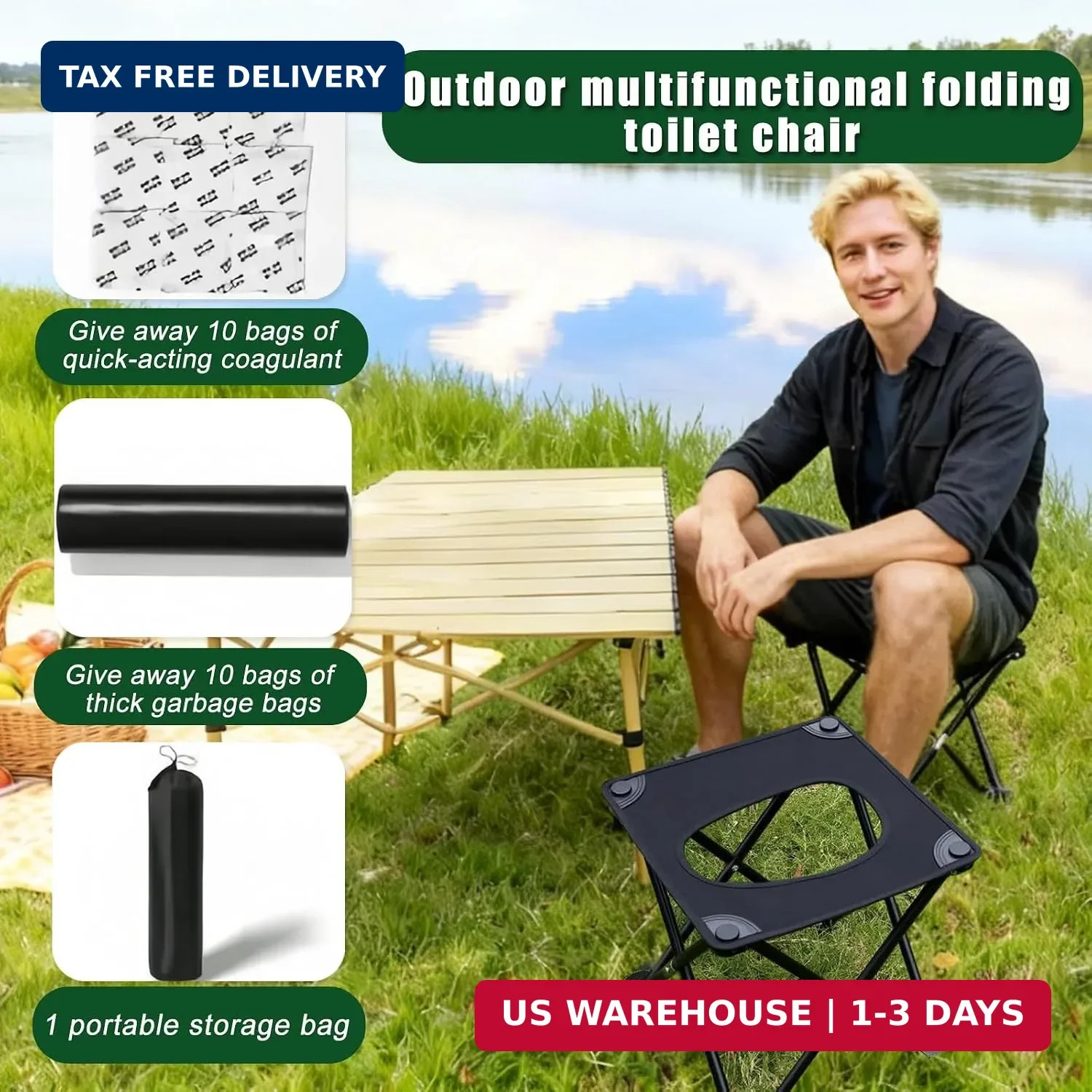 Portable camping toilet for adults, compact folding travel toilet with cover and