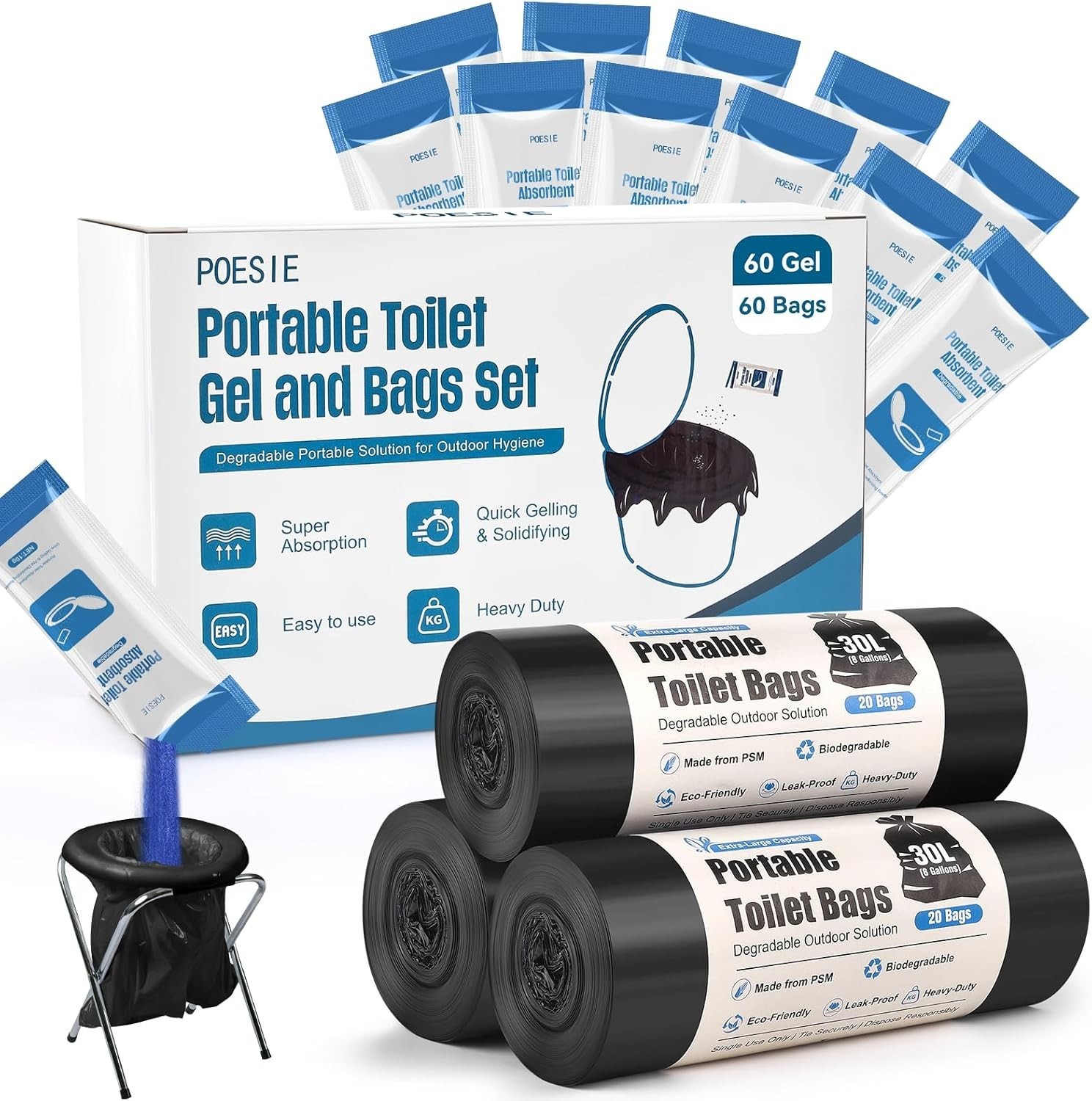 Portable Poo Gel Powder for Camping – 60 Bags