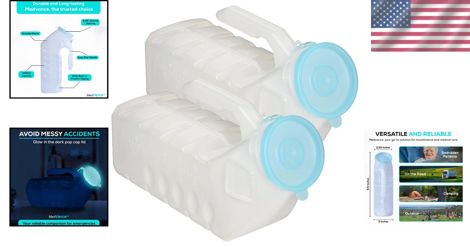Spill-Proof Men’s Urinal Bottle Set – 2 Pack, 1000ml with Glow Lid for Safety