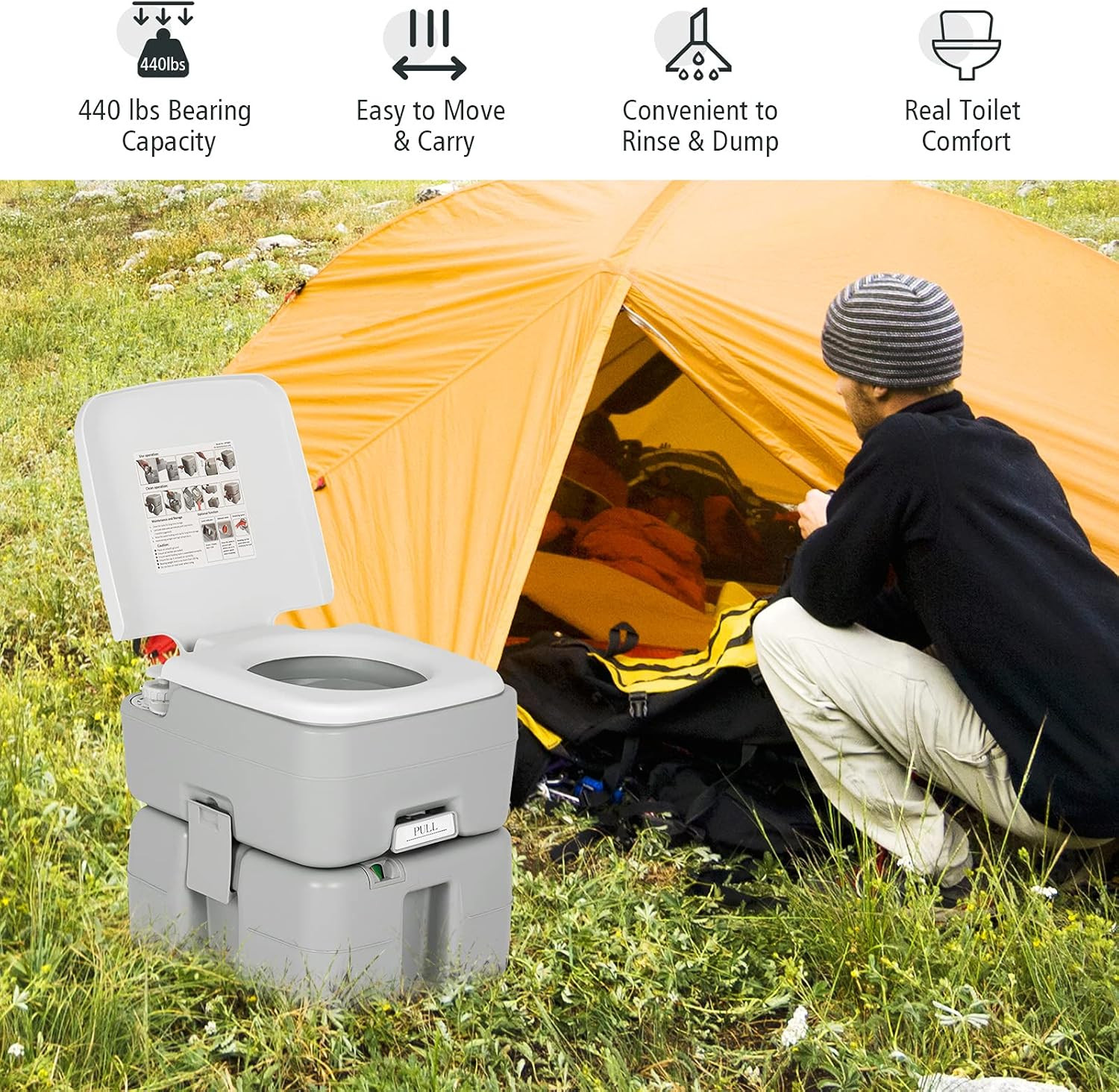 5.3 Gallon Portable RV Toilet with Level Indicator & Anti-Leak Pump for Camping