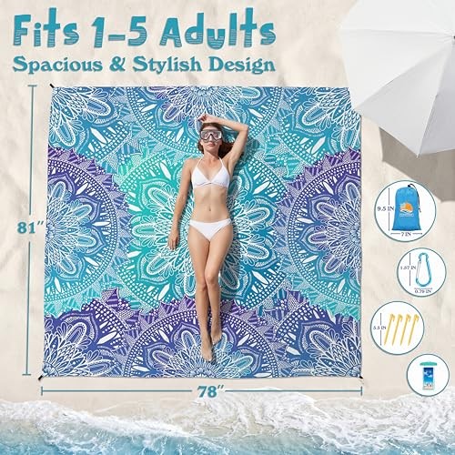 Beach Blanket Waterproof Sandproof 78”X81”/10’X9′ Oversized Mat | 100%