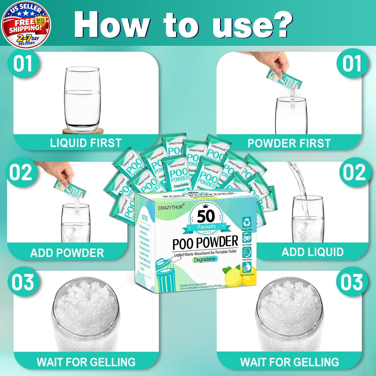 Poo Powder for Portable Toilet Gel Powder, Camping Toilet Gel | Lemon Scent Pee