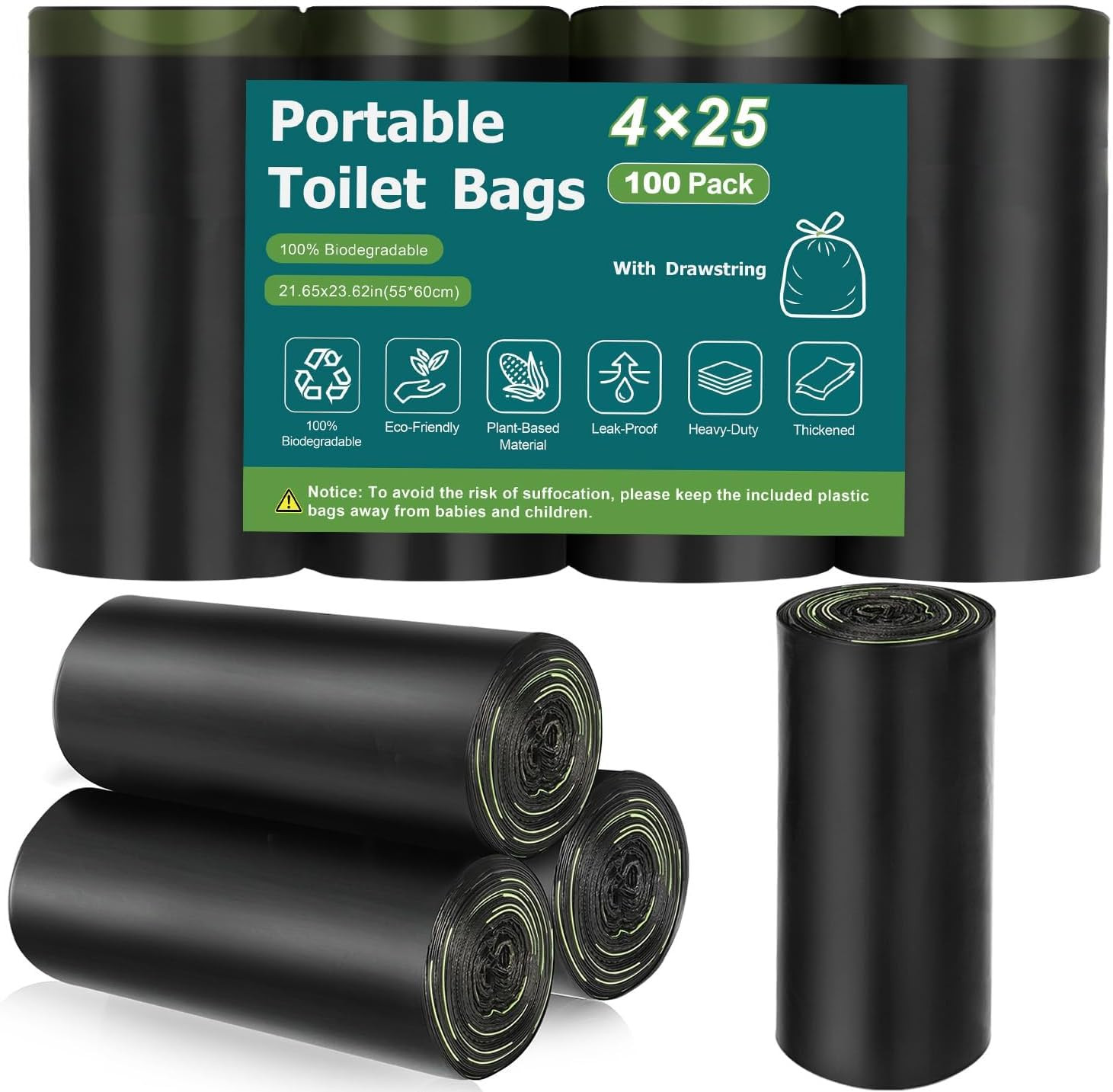 100 Portable Toilet Bags, Biodegradable with Drawstring & Lemon Scent, for 5-8 G