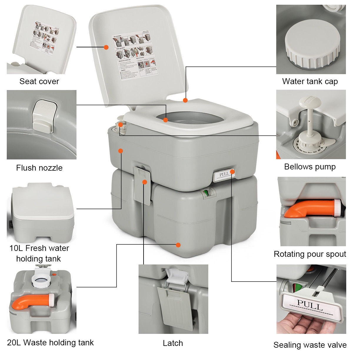 5.3 Gallon Portable Travel Toilet Outdoor Camping Toilet w/ Piston Pump Flush