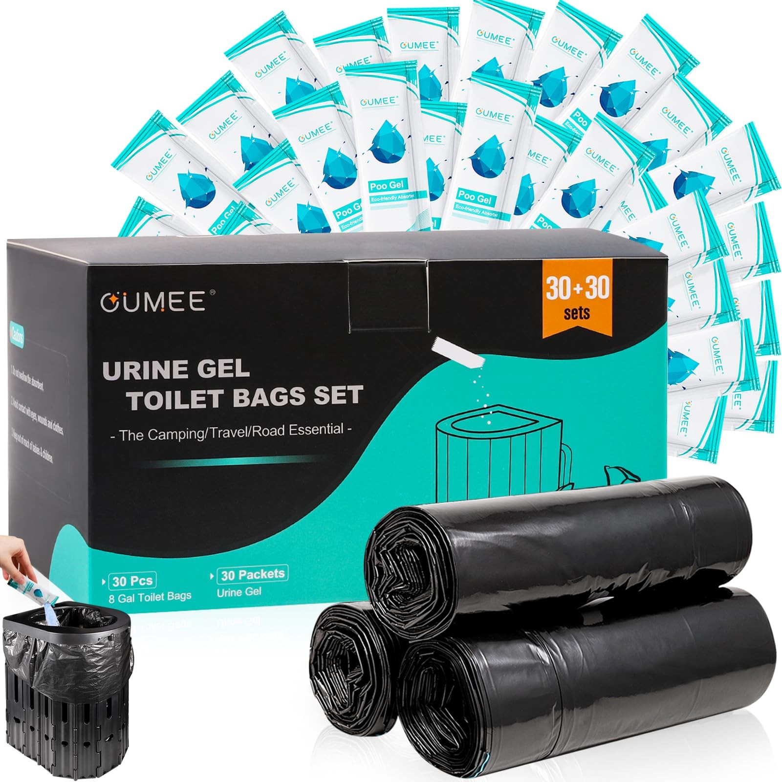 60 Portable Toilet Bags with Poo Gel Set, 8 Gallon Camping Toilet Bags with A…