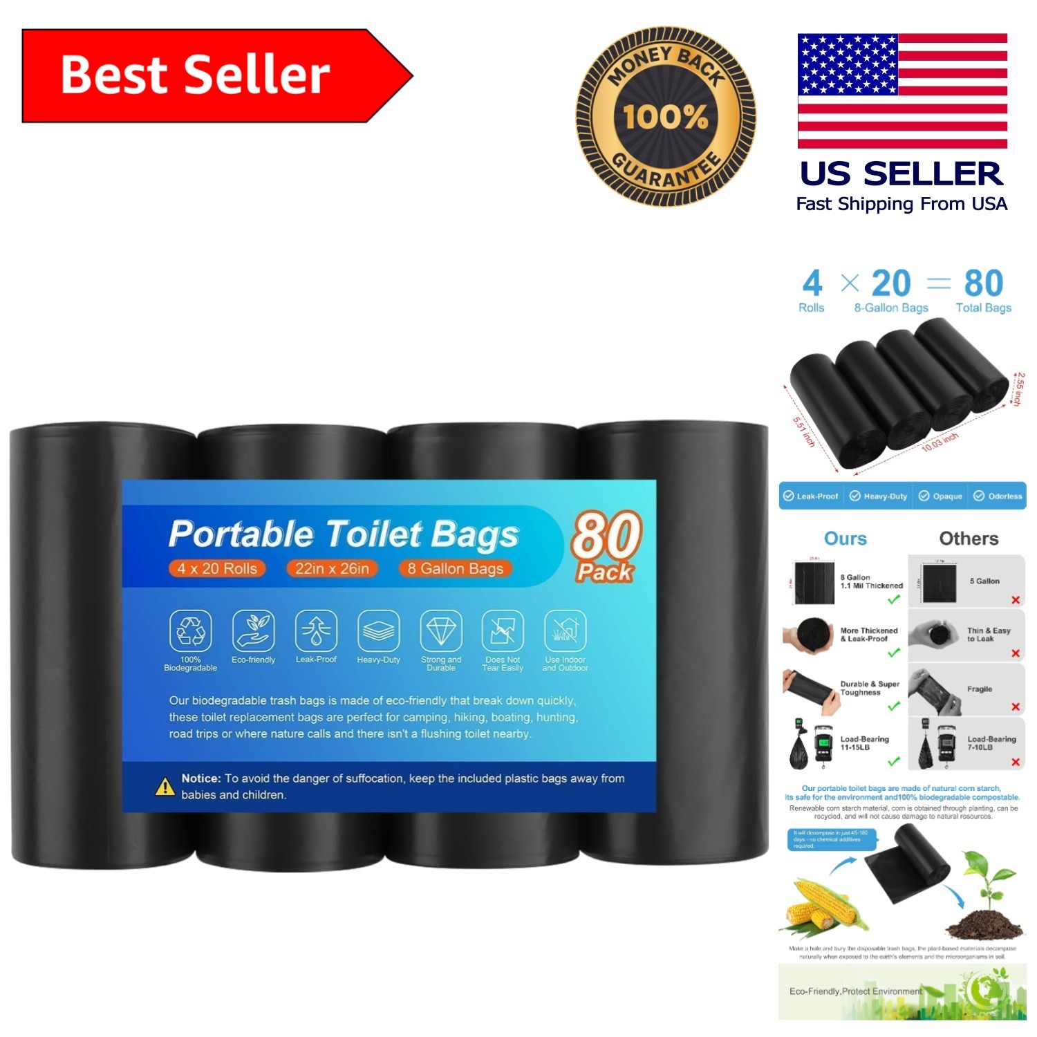 80 Pack Biodegradable Toilet Bags – Leak-Proof, Opaque Design for Travel Ease