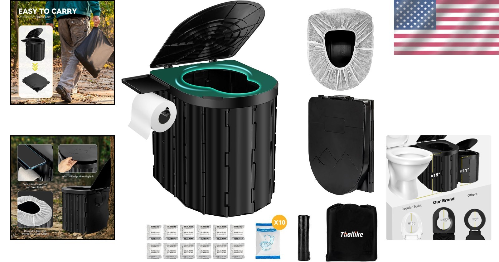 Ergonomic 15″ Portable Camping Toilet – 450Lbs Capacity, Foldable & Lightweight