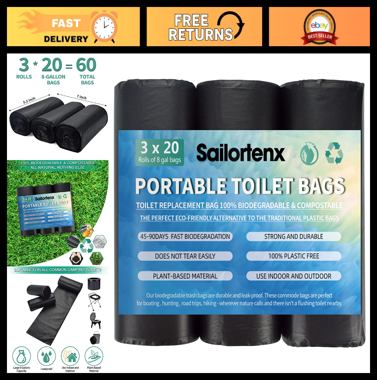 60 Biodegradable Portable Toilet Bags – 8 Gallon, Leak-Proof, Plant-Based, Campi