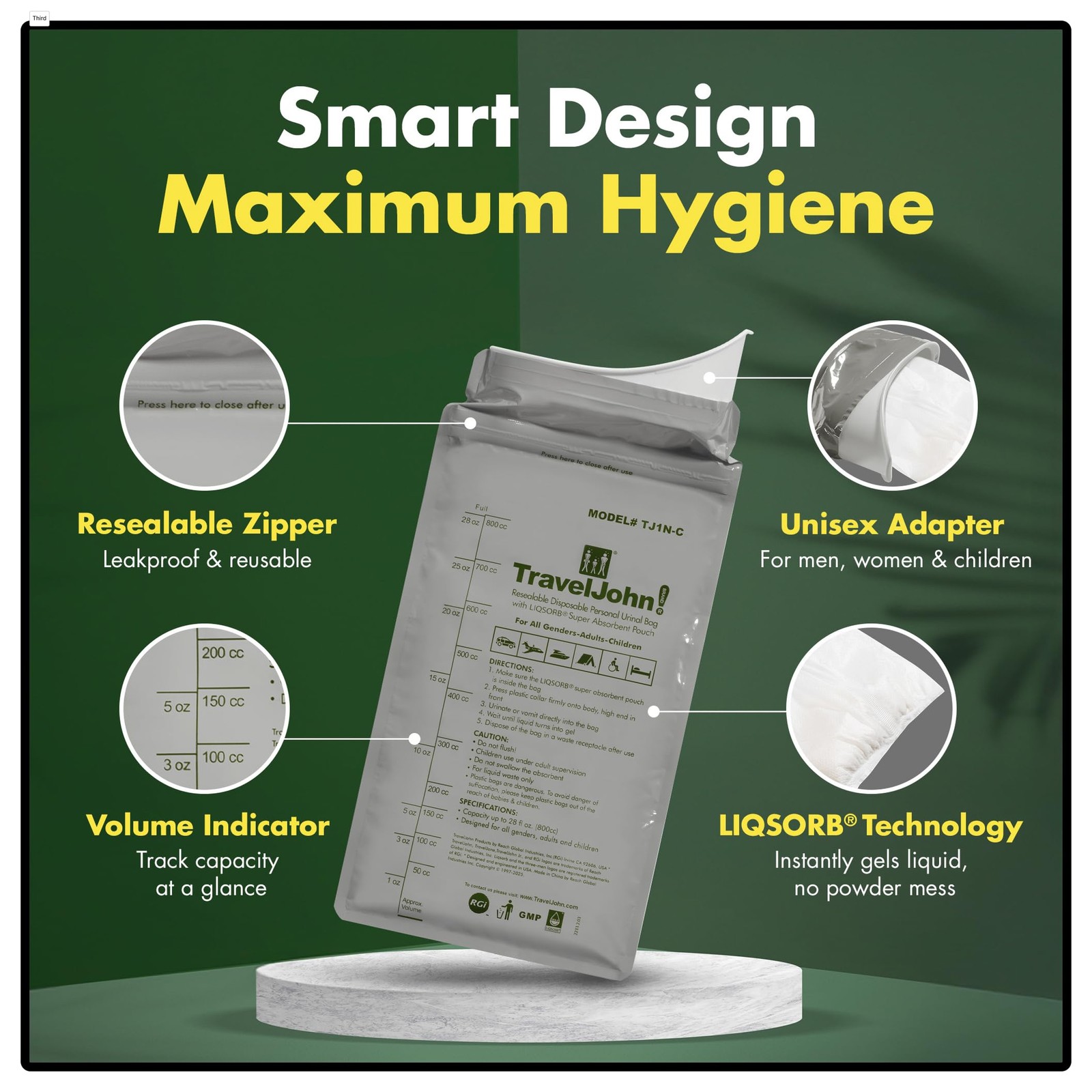TravelJohn Resealable Disposable Urinal Bags 28oz 6 Count (Pack of 1), White