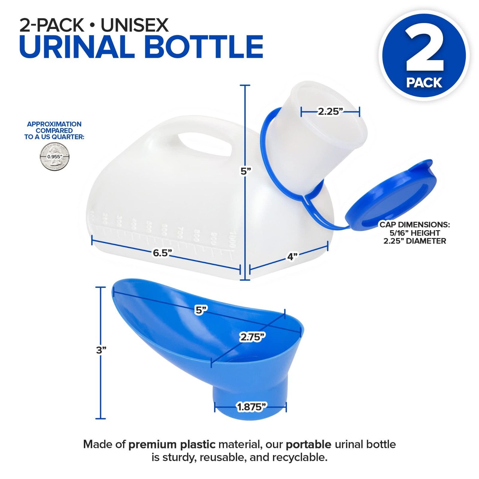 Portable Urinal Bottle 2 Pack – 32 Oz Female & Male Urination Device for Travel,