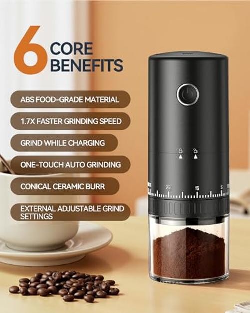 First Grind-While-Charging Rechargeable Coffee Grinder, 1.7X Faster Black