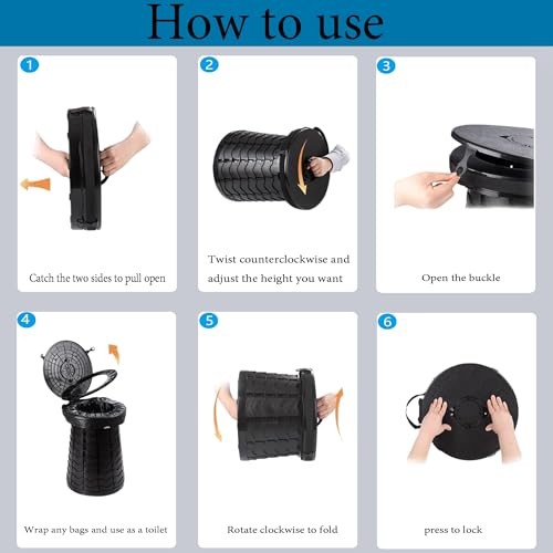 XXL Portable Toilet -19.7″ H 15″ D Adjustable Foldable Camping Toilet, Black