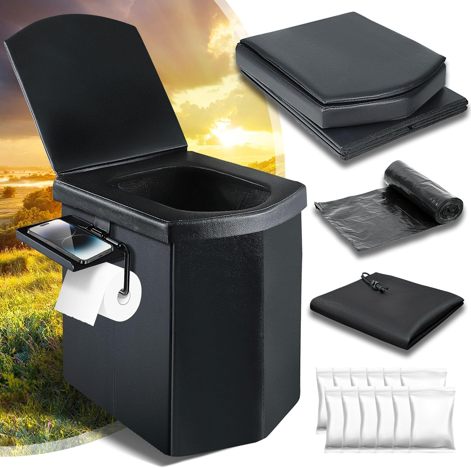 Portable Toilet for Adults, Upgraded 16.5” Tall Camping Toilet with Lid, Portab