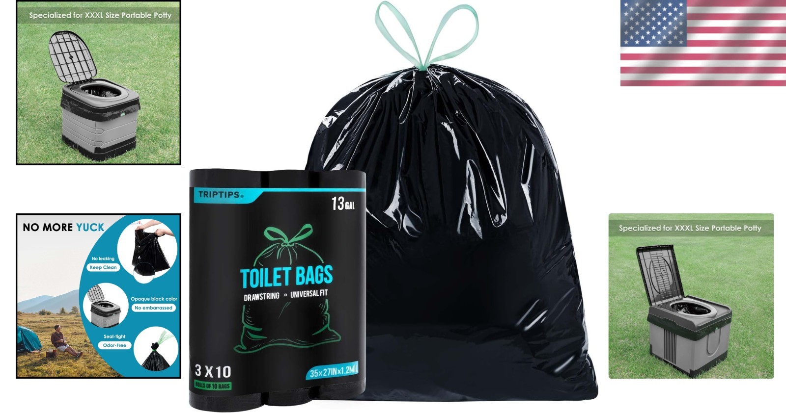Sanitary Portable Toilet Bags 13 Gallon Size Odor Free Waste Bags for Outdoors