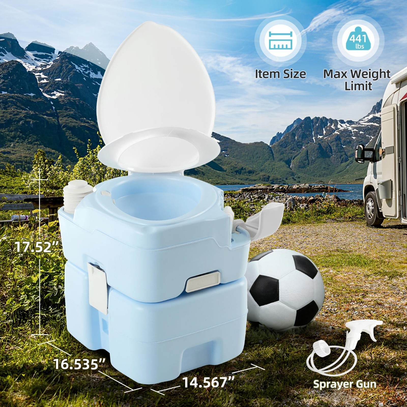 Portable 5.28 Gallon Camping Toilet, RV Diagonal Elongated Bowl, Leak-Proof Port