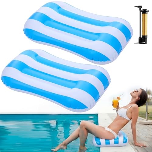 Seenelling 2 Pcs Inflatable Poolside Chair Blow up Beach Light Blue Striped