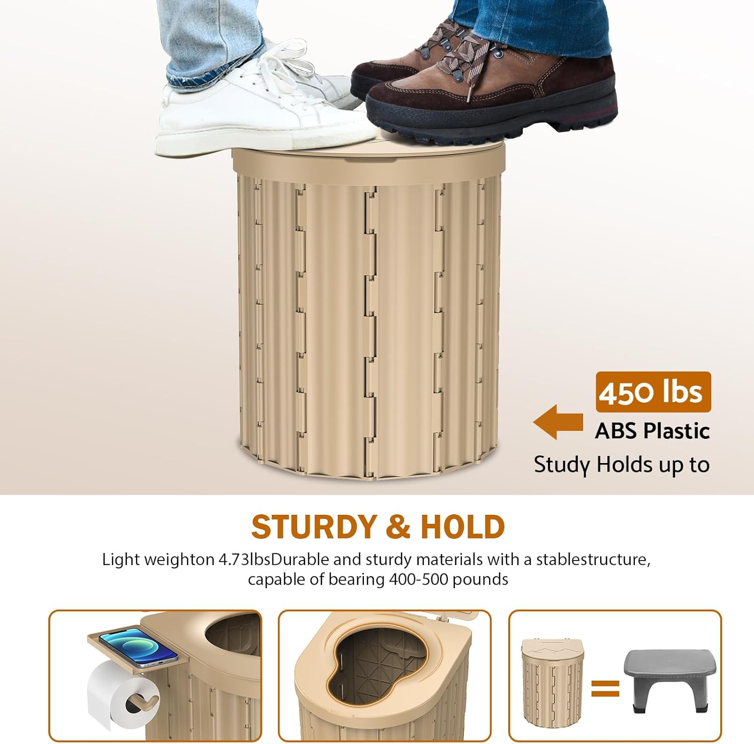 Inodoro Portatil 15in Mejorado con Soporte Papel Carga 450lbs para Camping Viaje