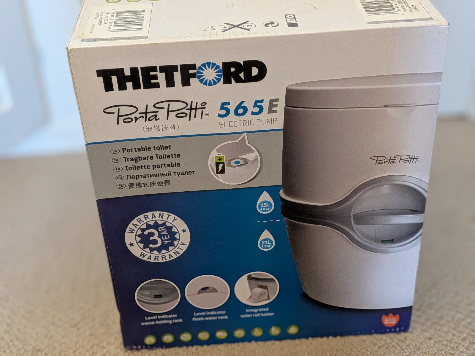 Thetford Porta Potti 565E Portable Camping Toilet, Electric Pump, White/Gray