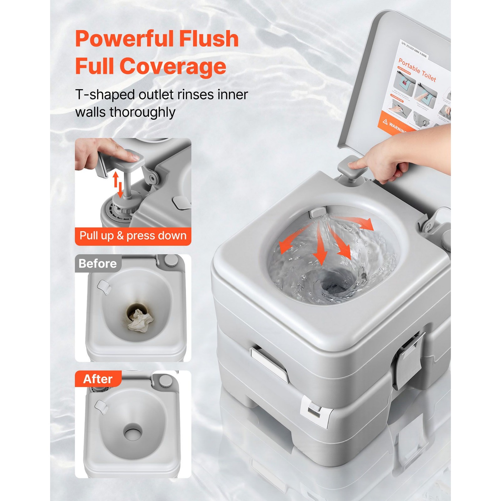 Portable Toilet 330lb Capacity, Detachable 5.3gal Tank, 120 Flushes
