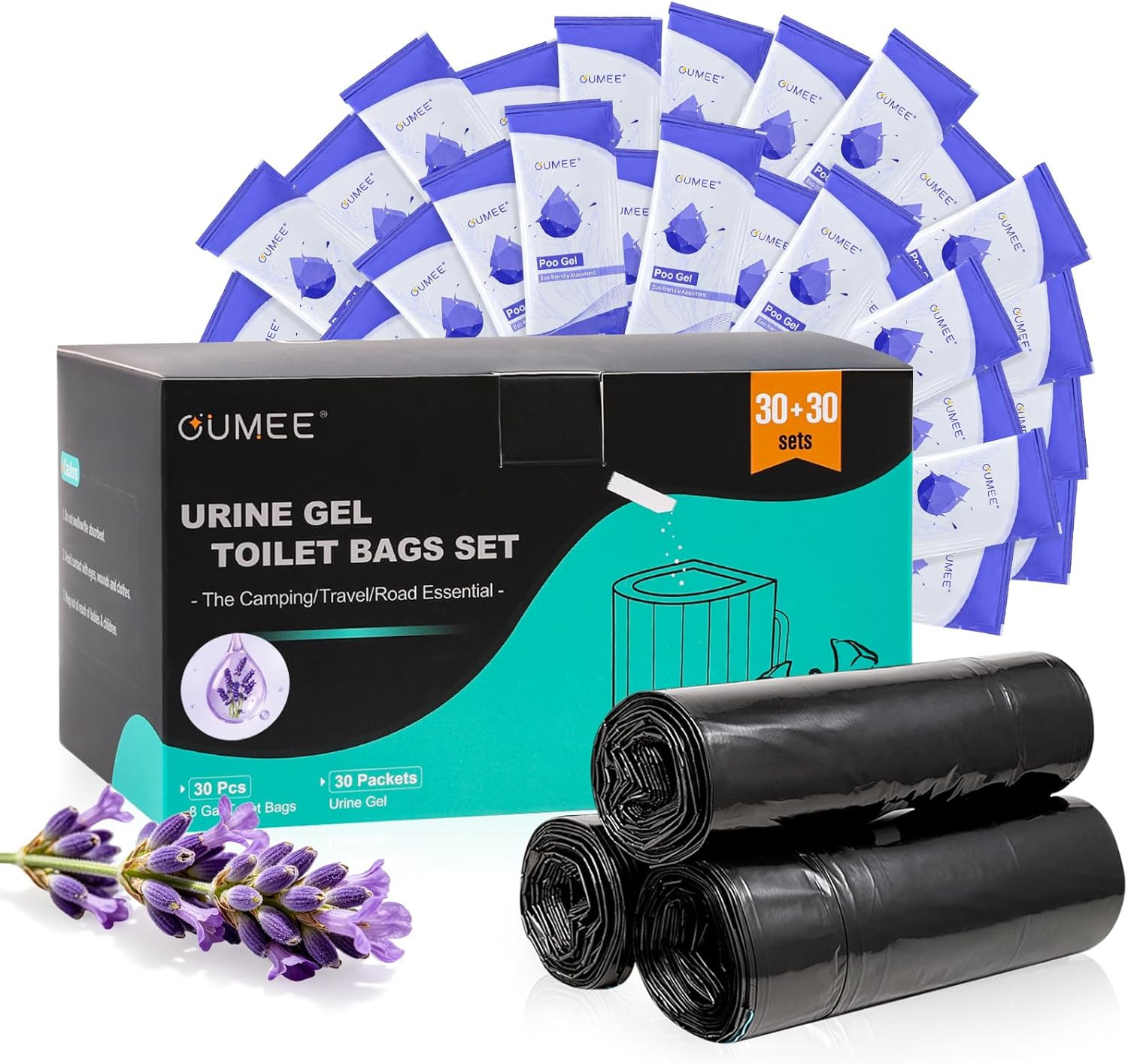 30 Portable Toilet Bags with 30 Poo Gel Set, 8 Gallon Camping Toilet Bags