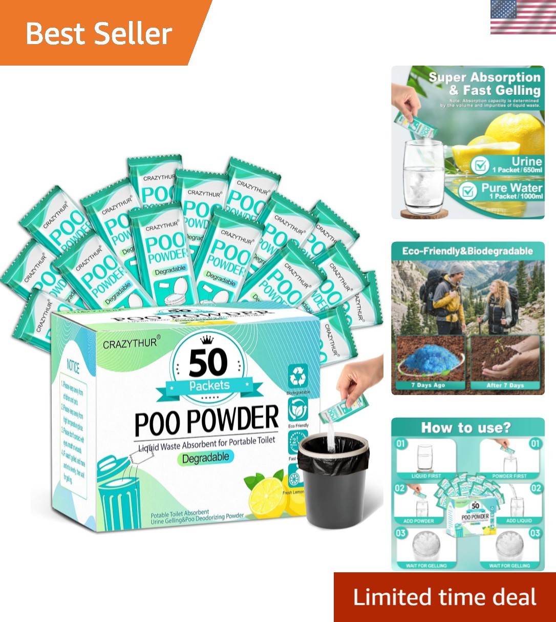Portable Toilet Gel, Poo Powder for Portable Toilet, Camping Toilet Gel, Pee …