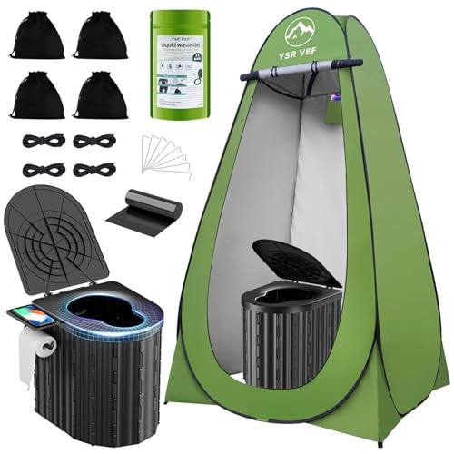 Camping Toilet with Pop-Up Privacy Tent and Liquid Black Toilet and Green Tent